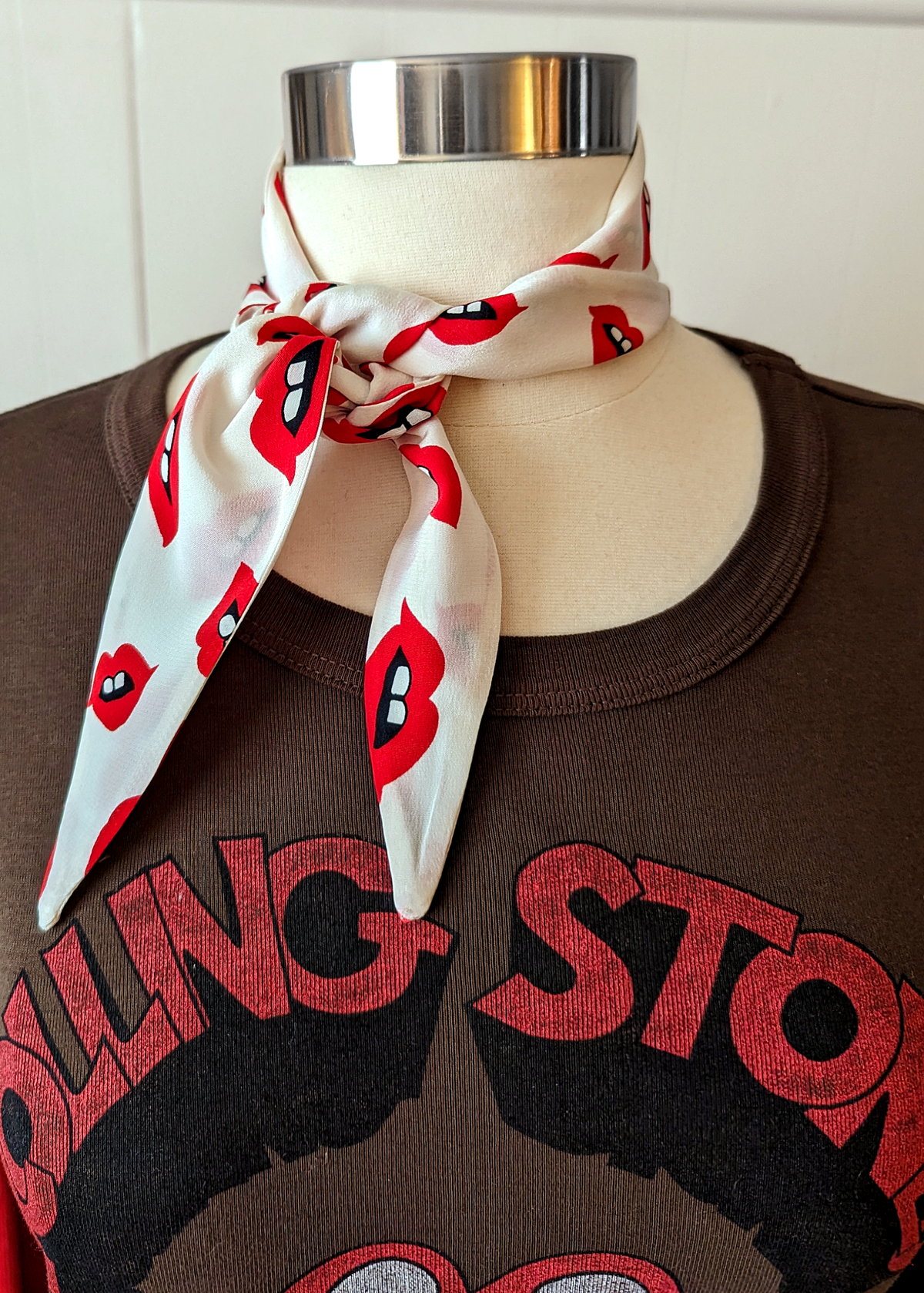 70s inspired white and red lips silk scarf tie by I'm With the Band, handmade in california