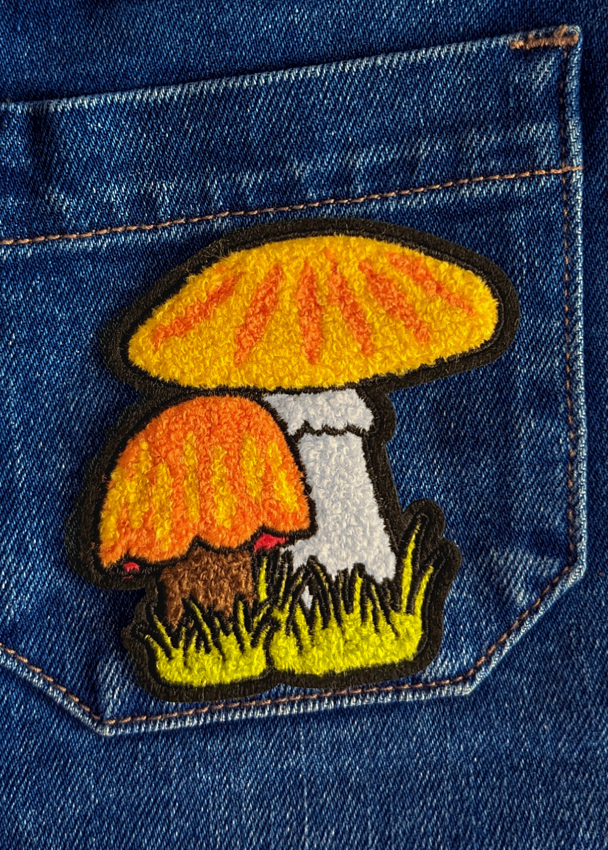 70s inspired fuzzy mushroom sew on patch
