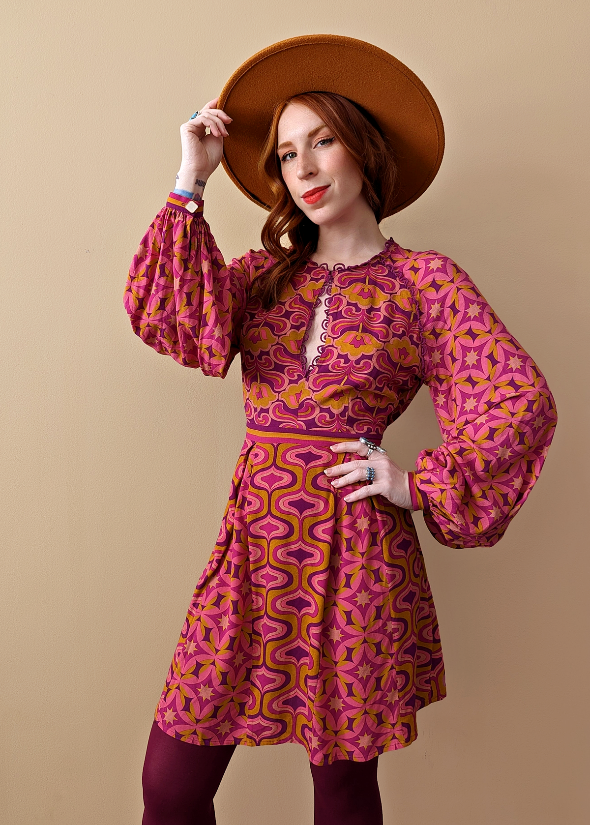 Nine Lives Bazaar Amethyst 60s inspired Floral Geometric Long Sleeve Mini Dress in Pink, Mustard, Purple