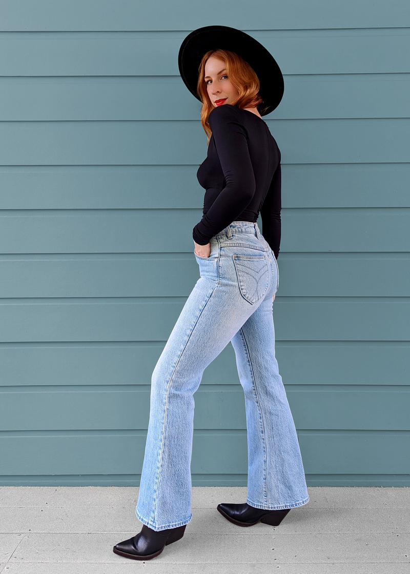 70s inspired bleach blue stretch denim crop ankle length Eastcoast Flares with high rise waist by Rolla's Jeans