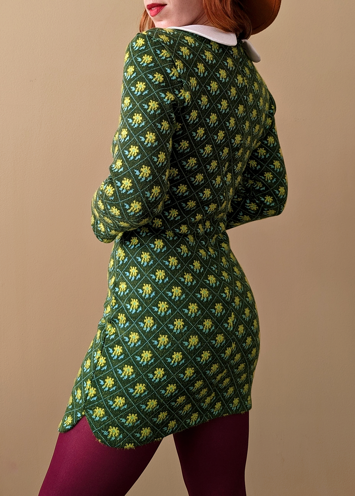 60s inspired peter pan dolly collar knit mini dress in mossy green with floral pattern all over by Glamorous UK