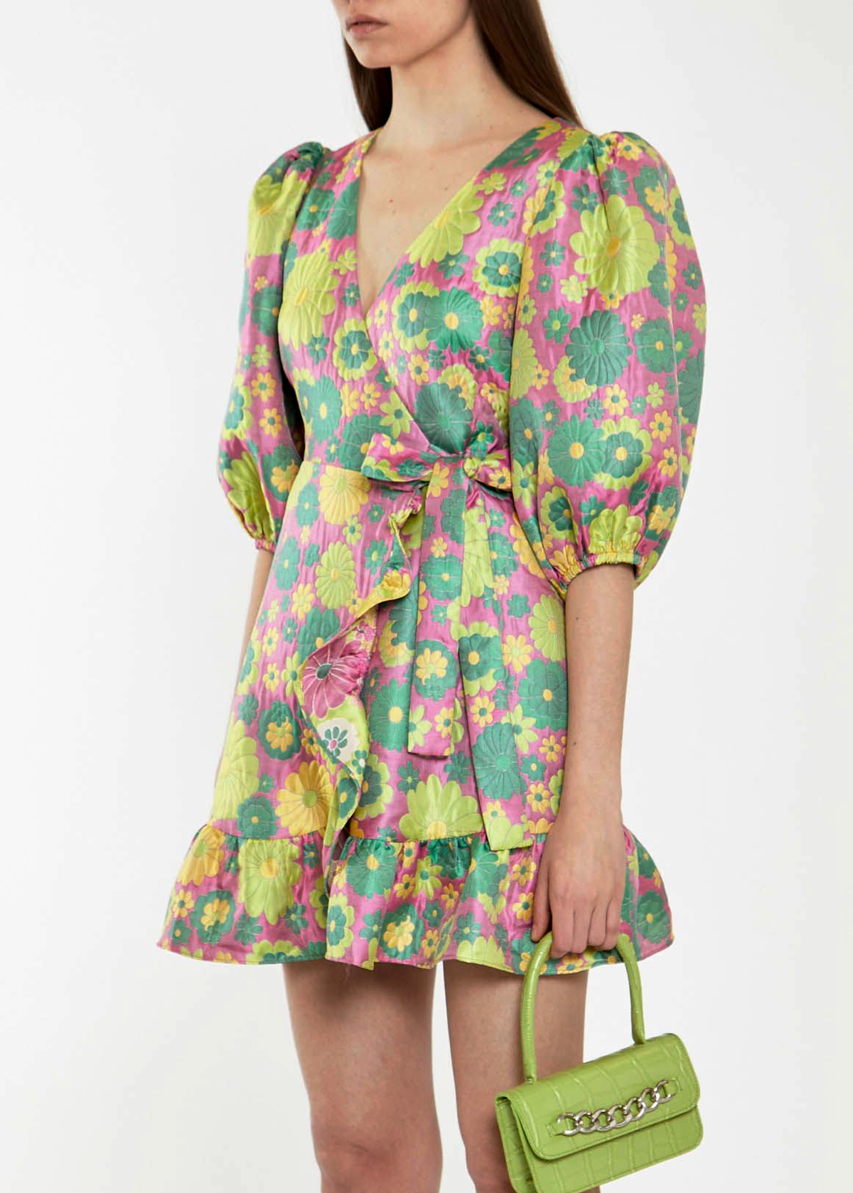 60s inspired brocade floral wrap mini dress with puff sleeves and ruffle hem, in pink, yellow, and green, by Glamorous UK