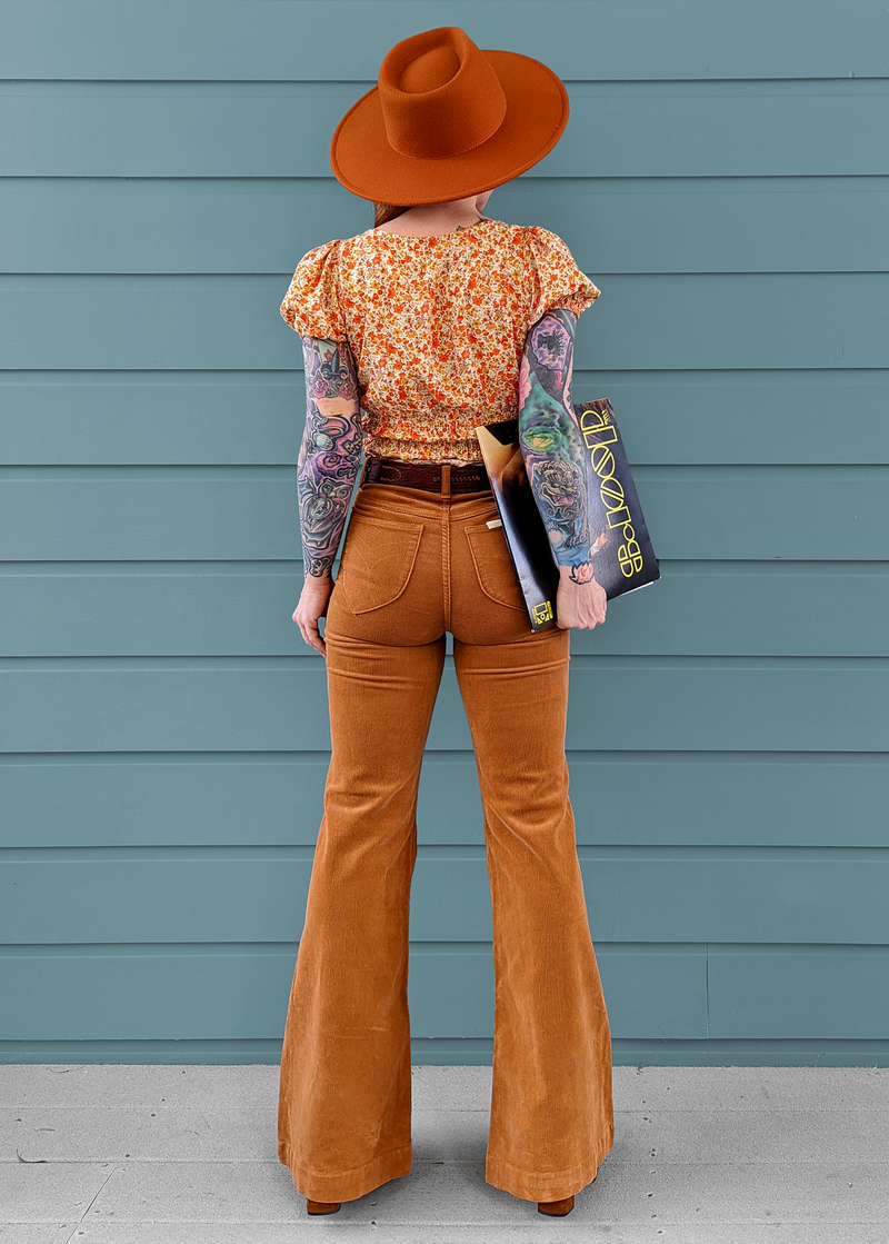 Rolla's Jeans Tan Corduroy Eastcoast Flare: 70s inspired with a high rise waist, velvety soft and stretchy thin wale corduroy, and a flare leg