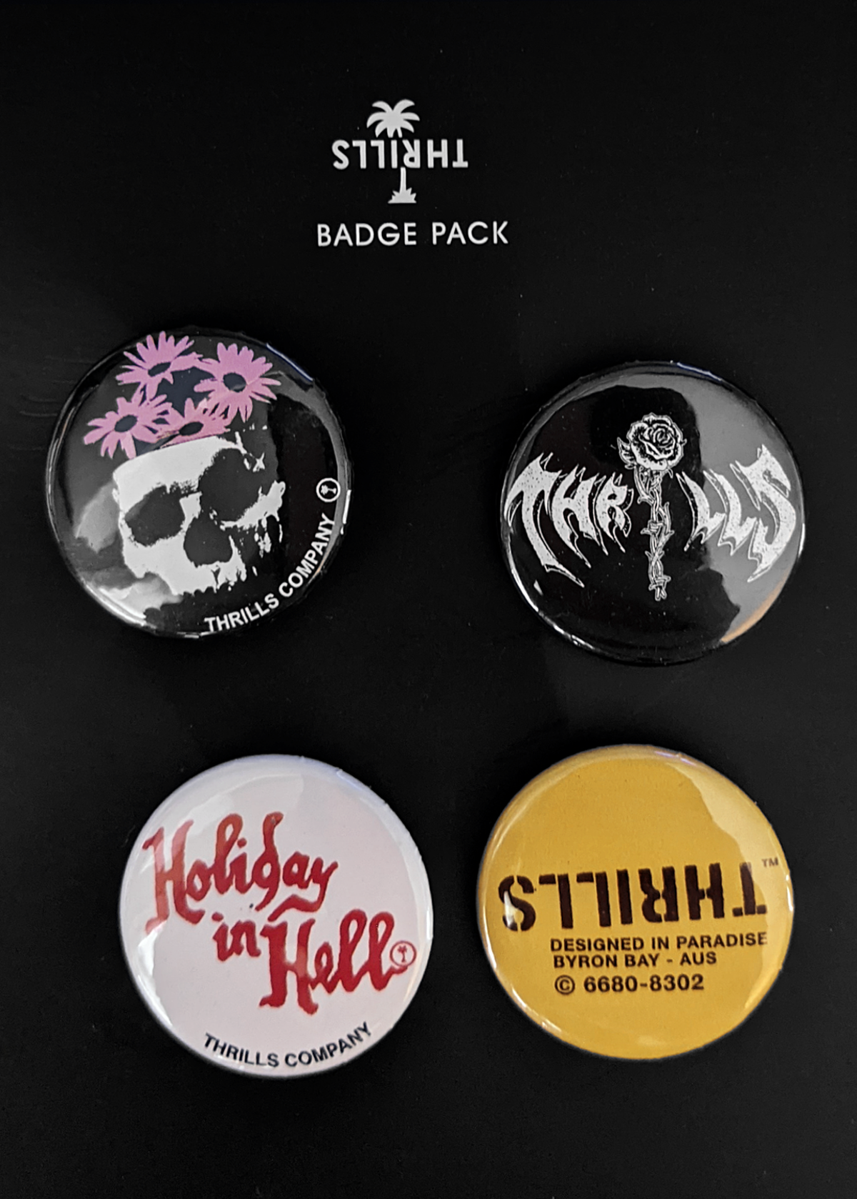 Thrills Skull Flower Holiday in Hell Button Pin Pack