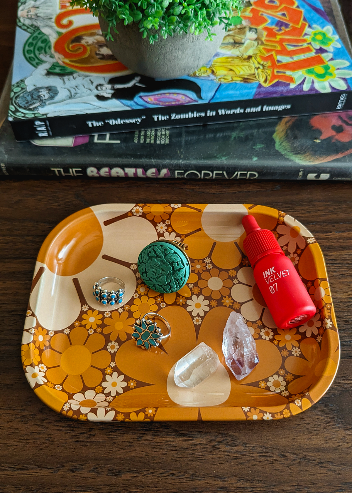 60s floral flower power yellow and orange metal catch all tray