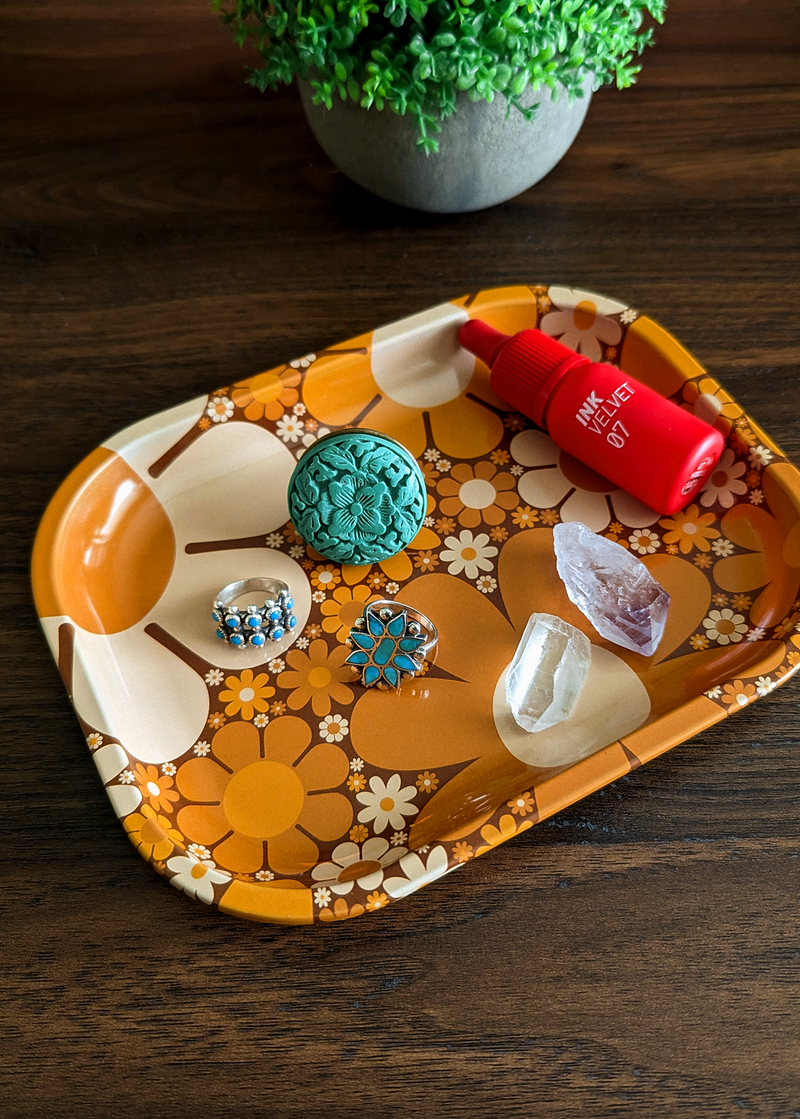60s floral flower power yellow and orange metal catch all tray