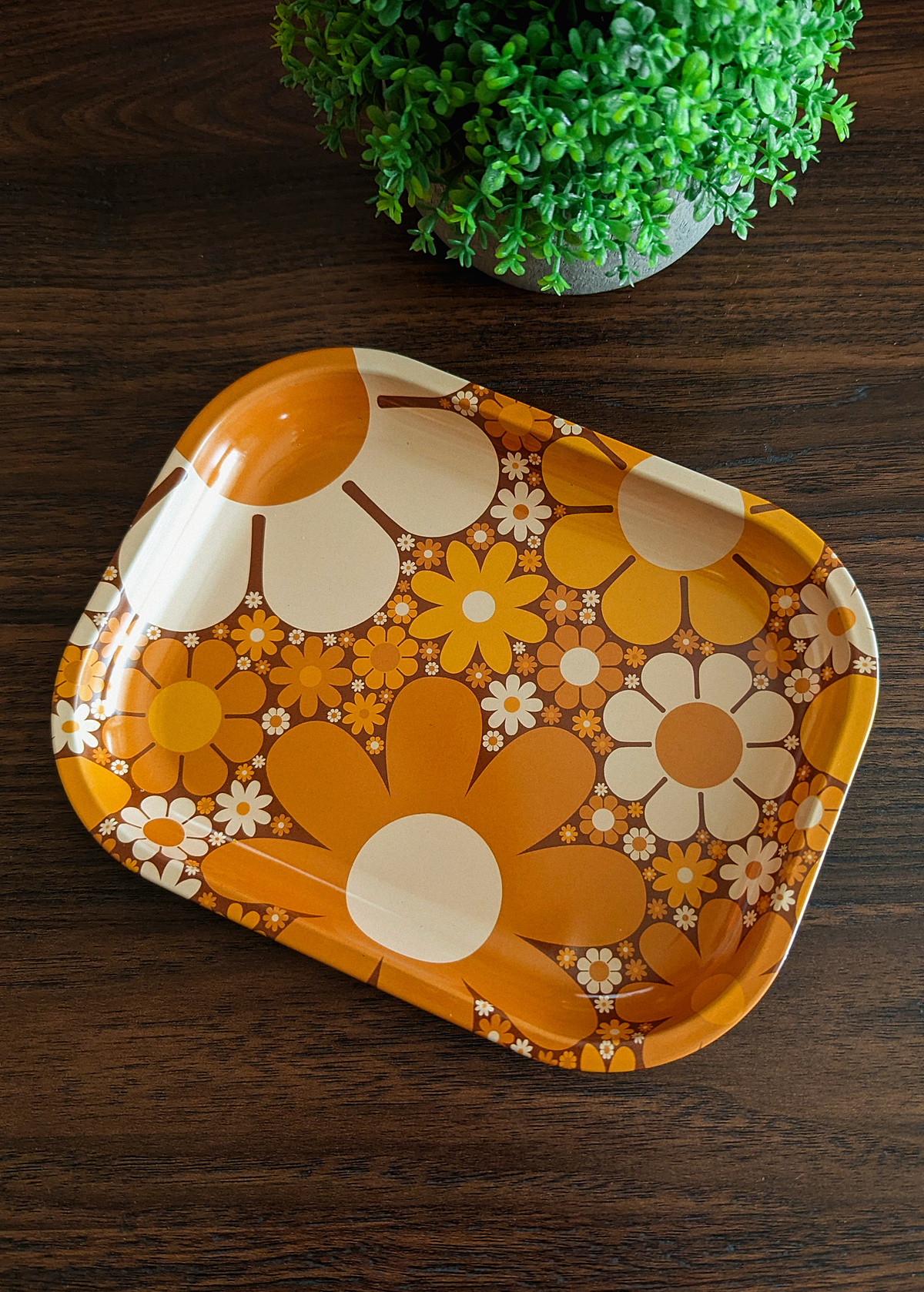 60s floral flower power yellow and orange metal catch all tray
