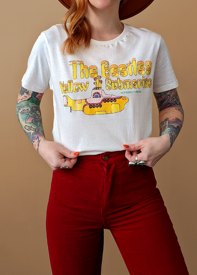 Oversized Unisex The Beatles Yellow Submarine T-Shirt paired with red pants. Officially licensed.